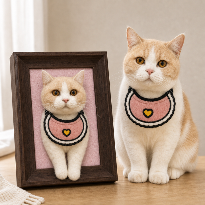 Custom wool felt orange and white cat keepsake beside real cat
