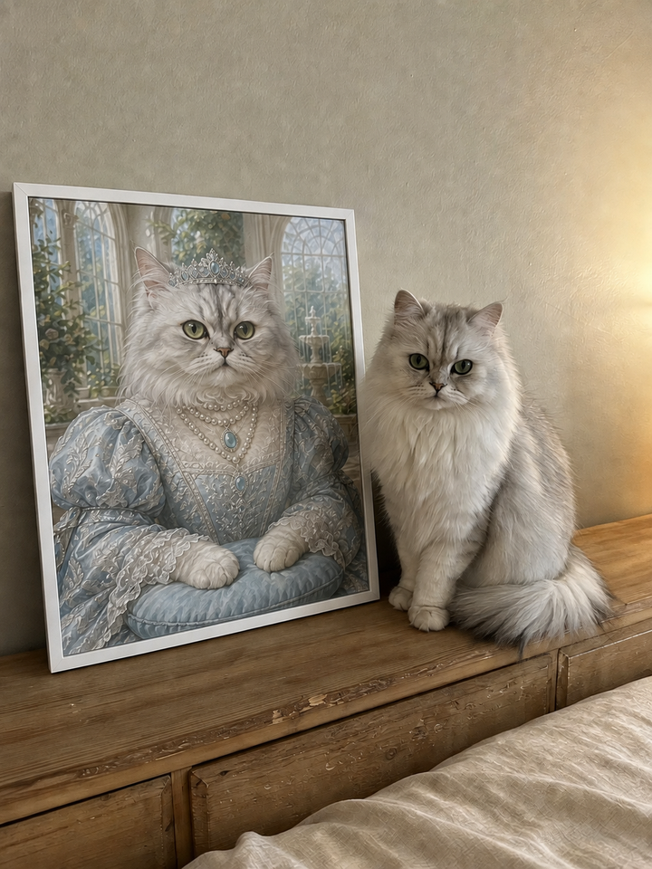 Custom silver cat art print in white frame beside real cat