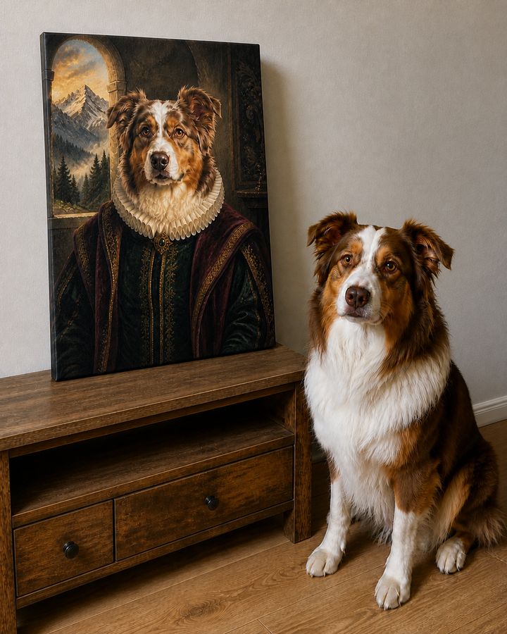 Custom border collie canvas beside real dog