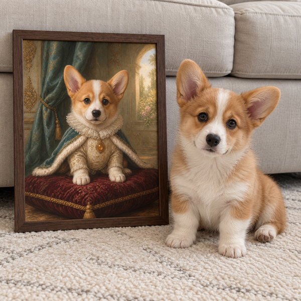 Corgi beside its framed Golden Heir portrait
