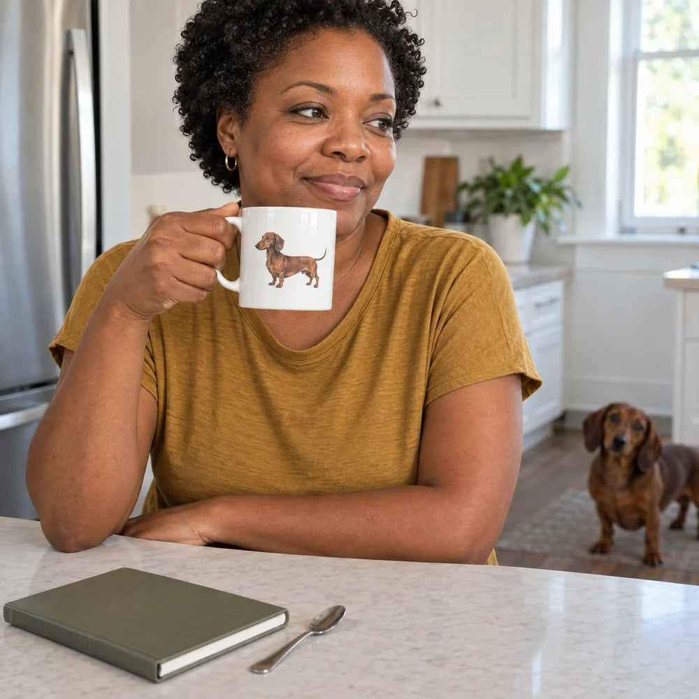A dachshund portrait mug during a quiet kitchen coffee break