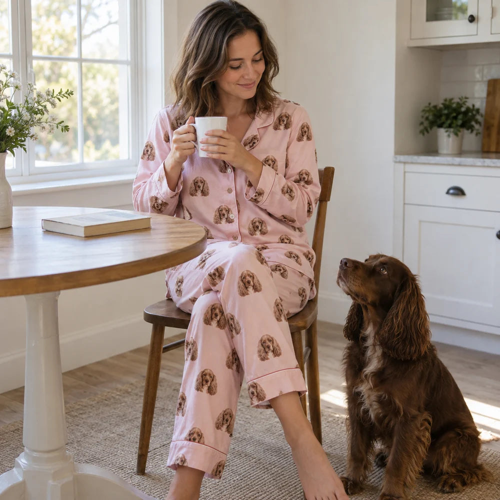 A pet owner in dog-pattern pajamas sharing a quiet morning with a spaniel