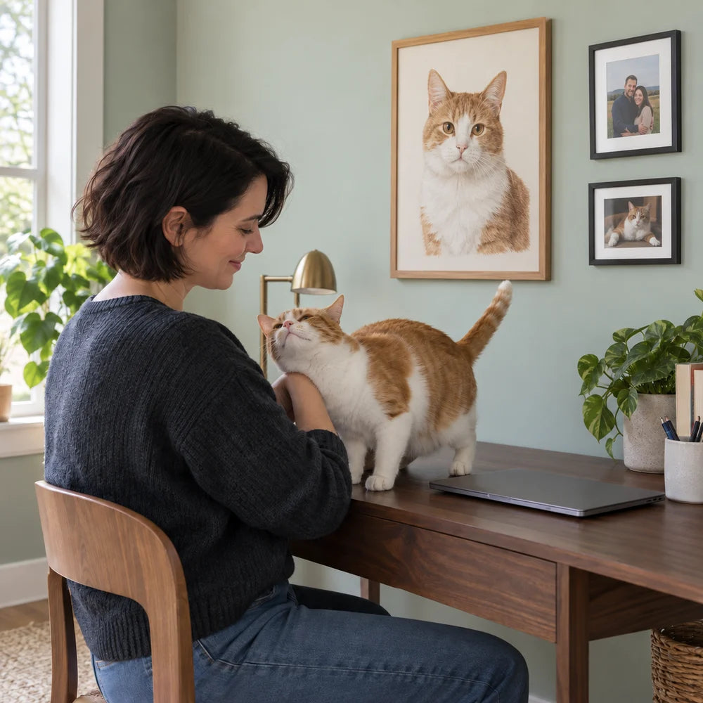 A cat and its owner at a workspace beneath a framed pet portrait