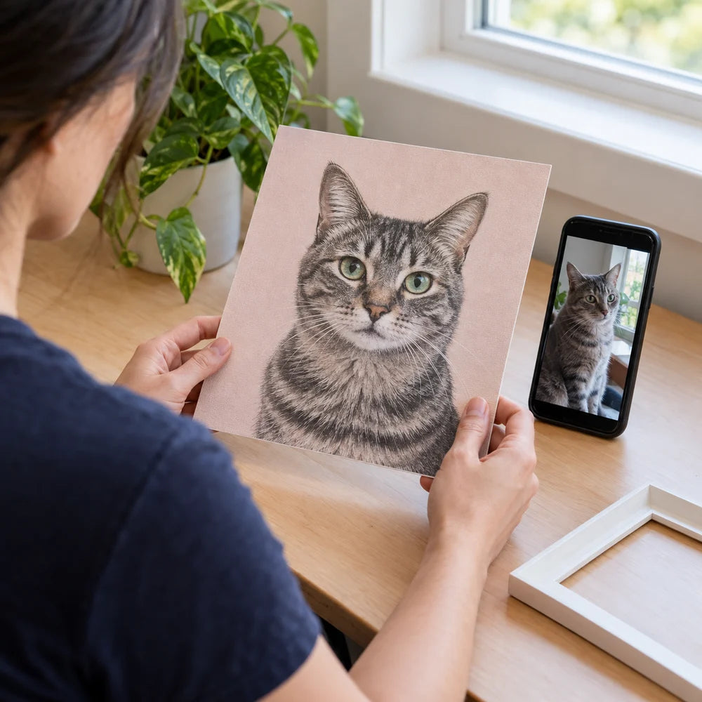 A simple tabby Art Print beside its reference photo and a white frame
