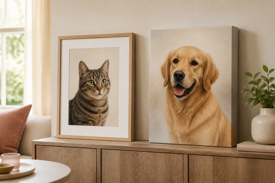 Framed cat art print beside a gallery-wrapped golden retriever canvas