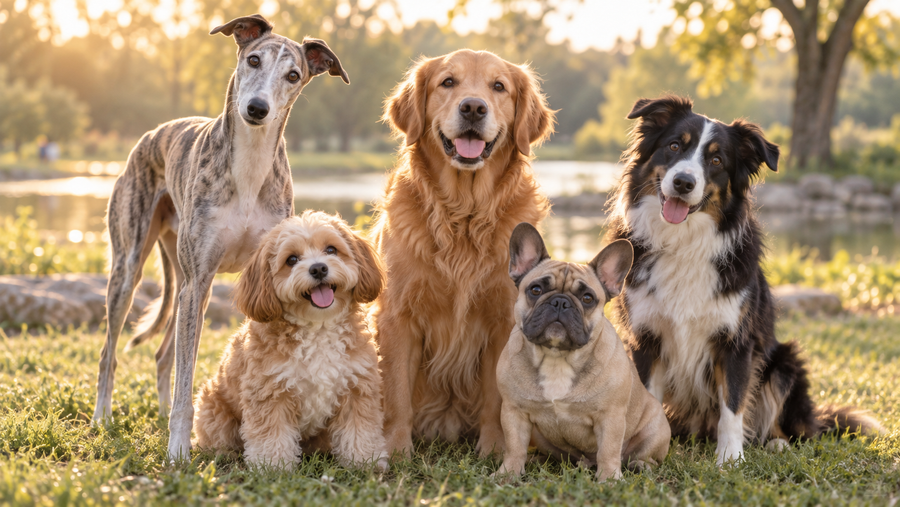 A joyful mix of healthy dogs with different faces and coat types gathered for a relaxed outdoor portrait
