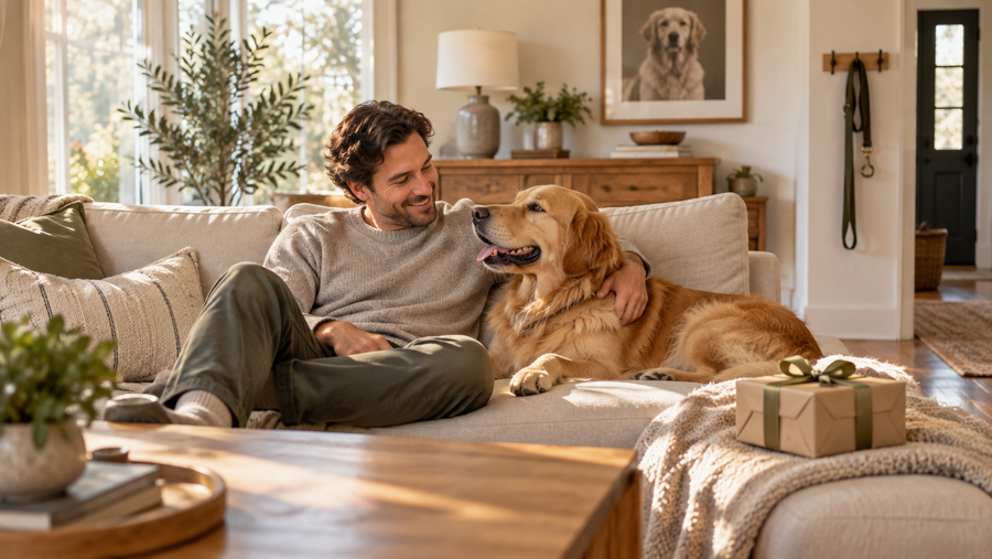 A dog dad sitting with his golden retriever in a relaxed home, with a framed pet portrait, leash, and small gift box nearby
