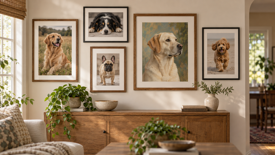 A warm living room wall with a tasteful arrangement of framed dog photographs and illustrated pet portraits above a wood console