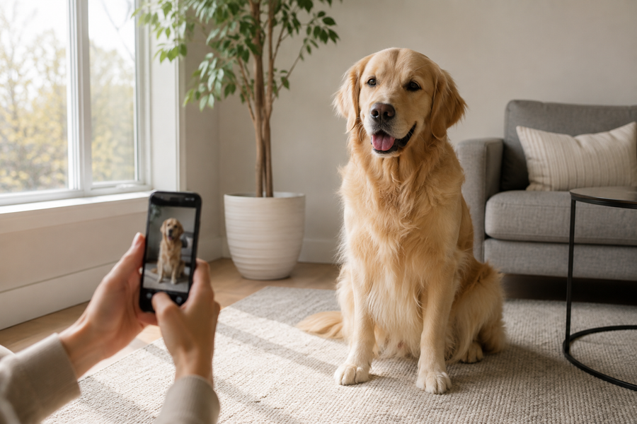 A relaxed golden retriever photographed at eye level beside a bright window while its owner uses a smartphone