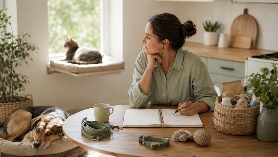 An adult thoughtfully planning a pet-care routine at home with a relaxed dog and cat nearby