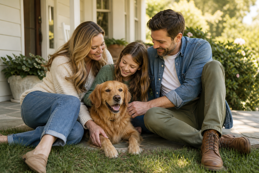 A relaxed family sitting together with their dog for a natural portrait
