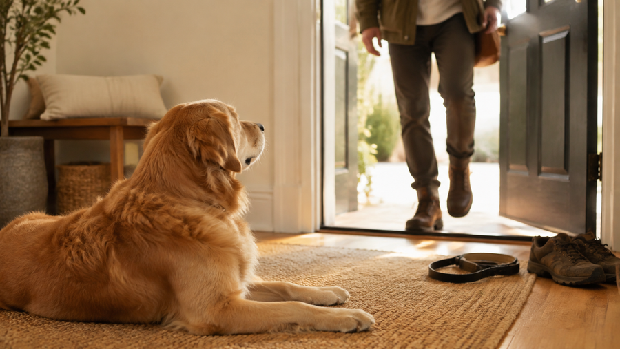 A golden retriever watching a familiar person return home in a warm entryway