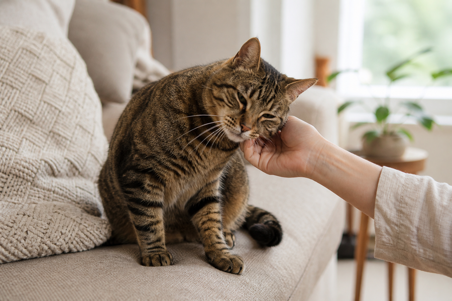 A relaxed tabby cat choosing to lean into a person's gently offered hand in a quiet living room