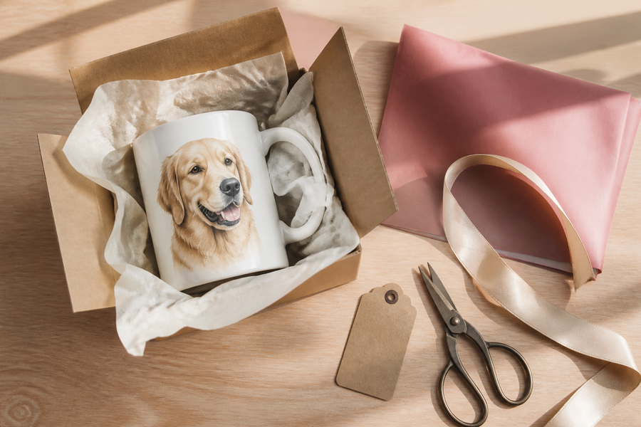 A neatly wrapped ceramic pet portrait mug beside tissue paper ribbon and a small gift box