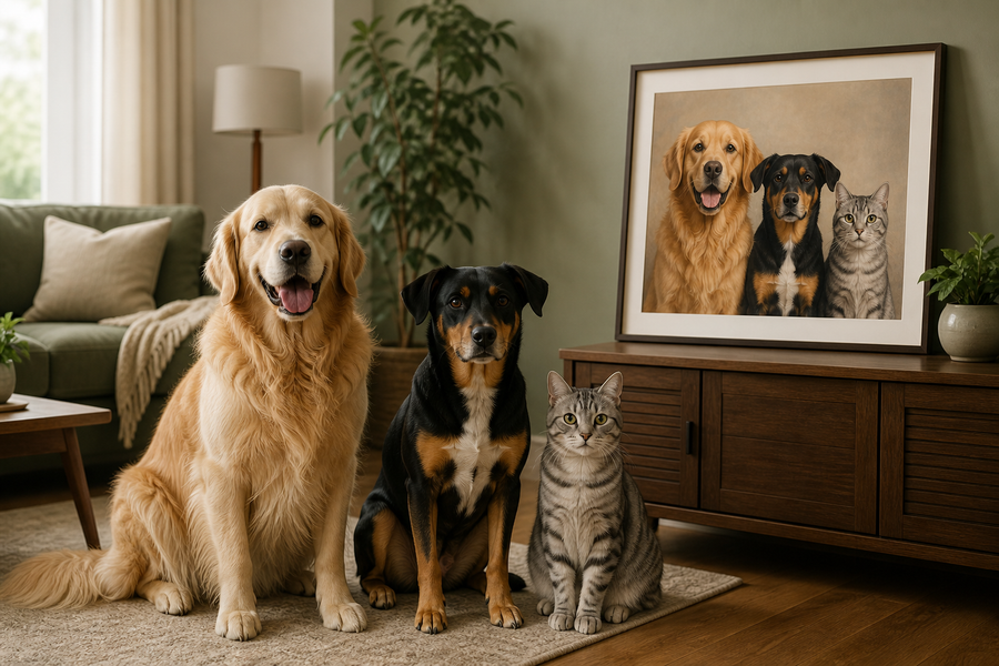 Two dogs and a cat beside one balanced custom multi-pet portrait