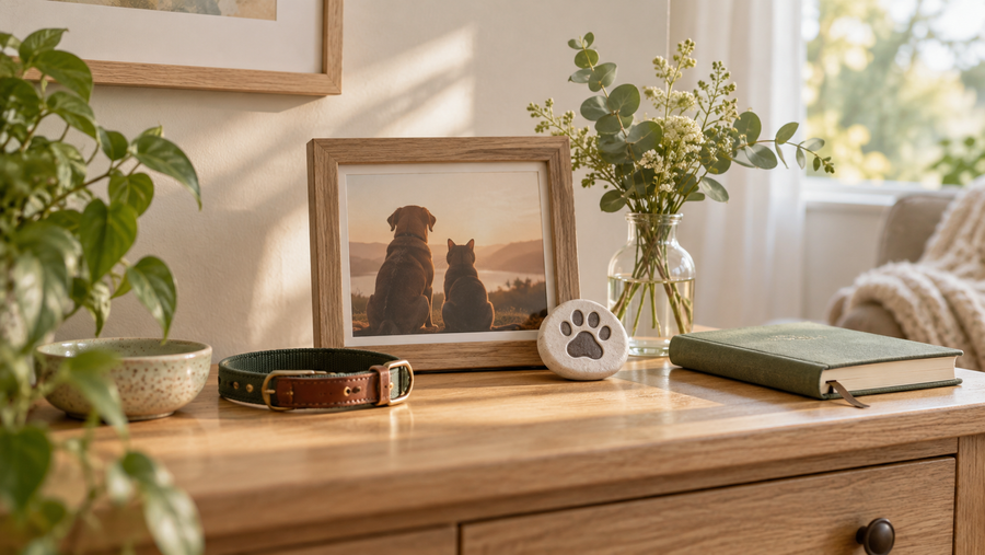 Pet memorial display with a framed dog and cat photo, collar, paw-print keepsake, flowers, and journal