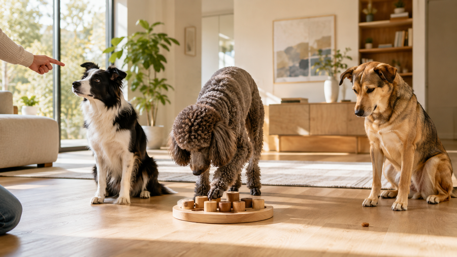 A border collie, poodle, and mixed-breed dog calmly working on different enrichment tasks