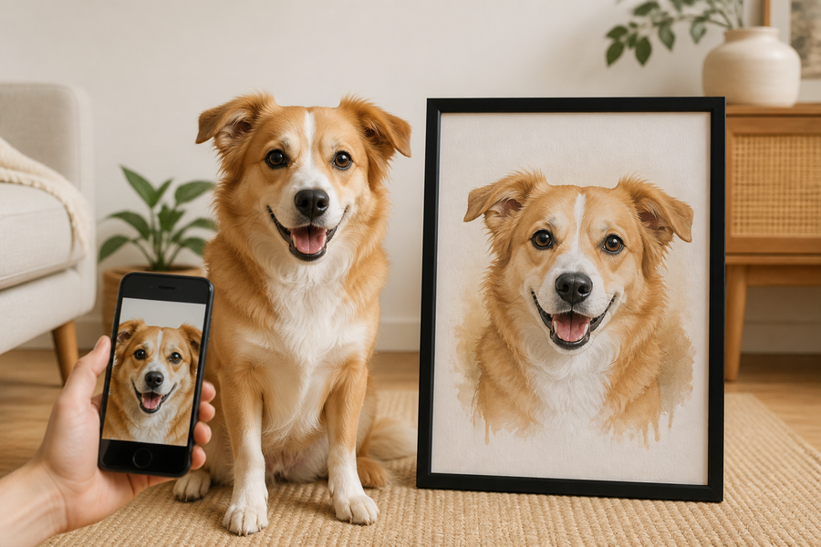 Tan and white dog beside a phone photo and framed custom pet portrait