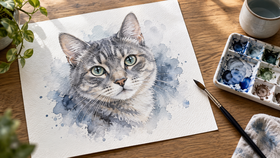 Illustrative watercolor portrait of a gray tabby cat on textured paper beside brushes and a paint palette