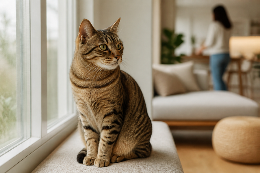 A thoughtful tabby cat sitting by a softly lit window and watching its owner move through a calm living room