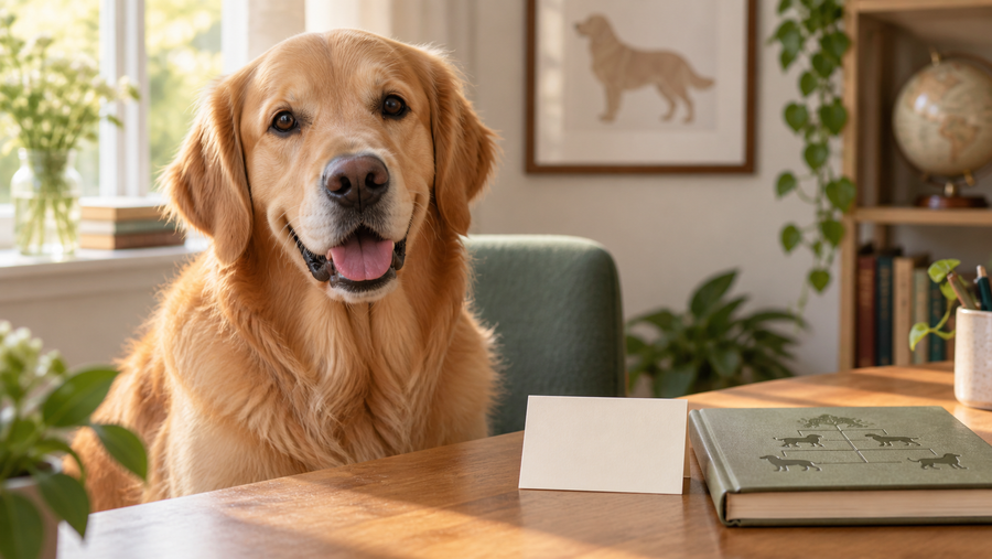 A friendly adult male dog sitting beside a simple illustrated terminology card in a warm home setting