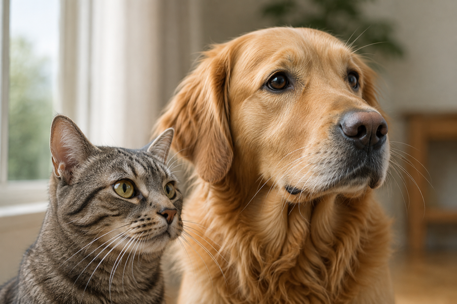 A gray tabby cat and a golden retriever shown in close profile with naturally detailed whiskers in soft window light