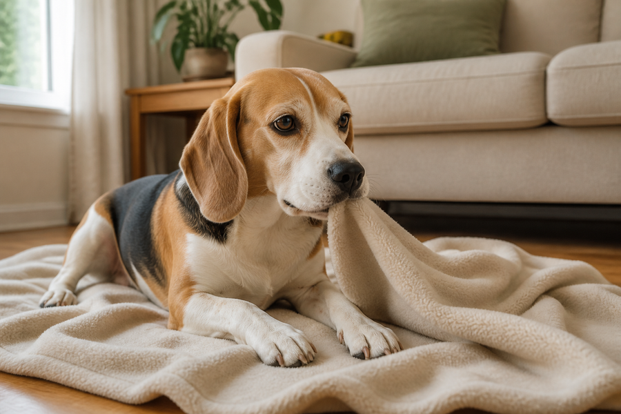 A relaxed dog gently holding the edge of its own plain blanket without tearing it