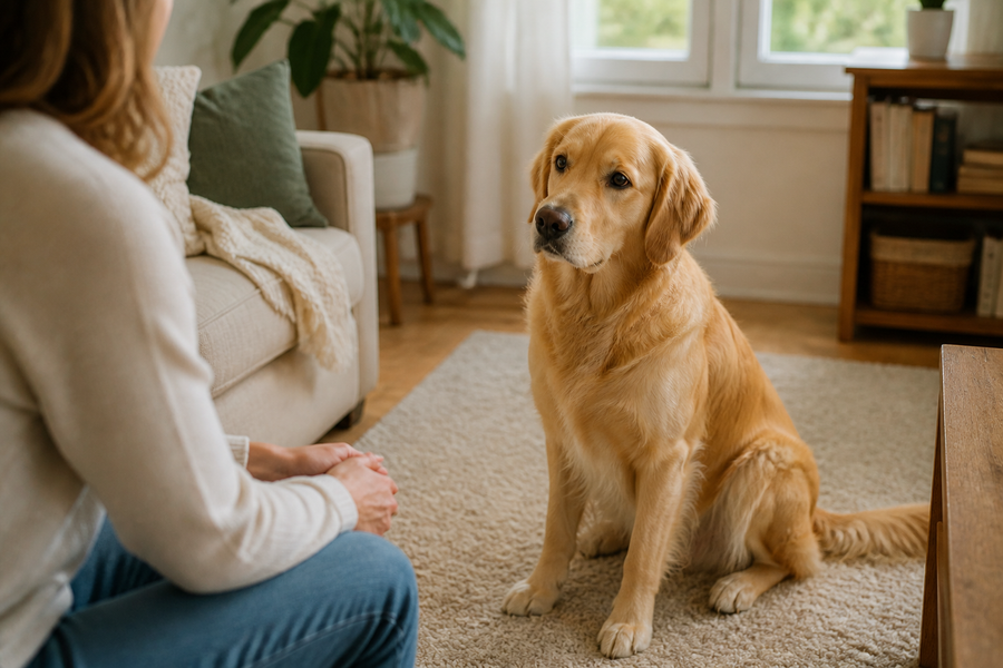 A relaxed golden retriever looking gently at its owner in a calm sunlit living room