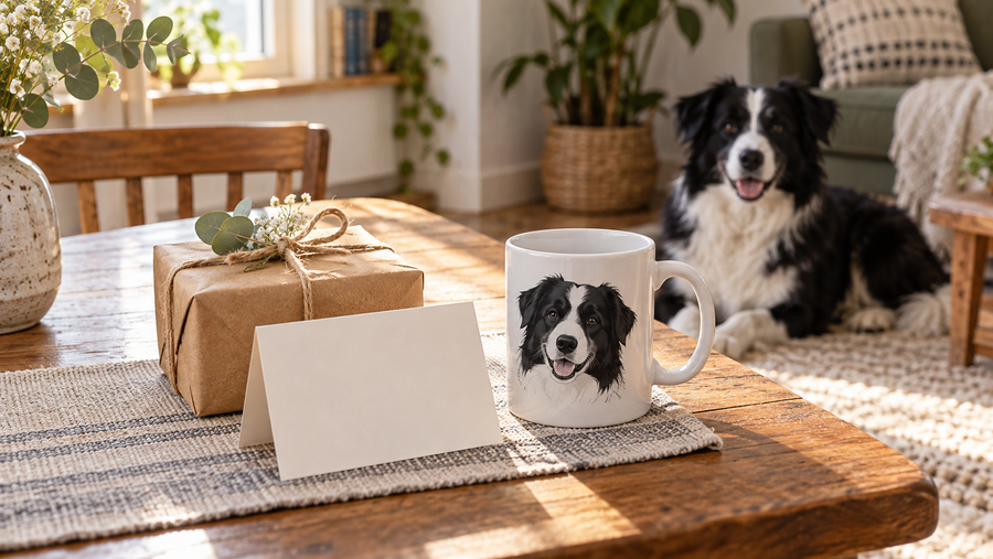 Illustrative birthday gift scene with a blank card, a dog portrait mug, and a black-and-white dog resting in the background