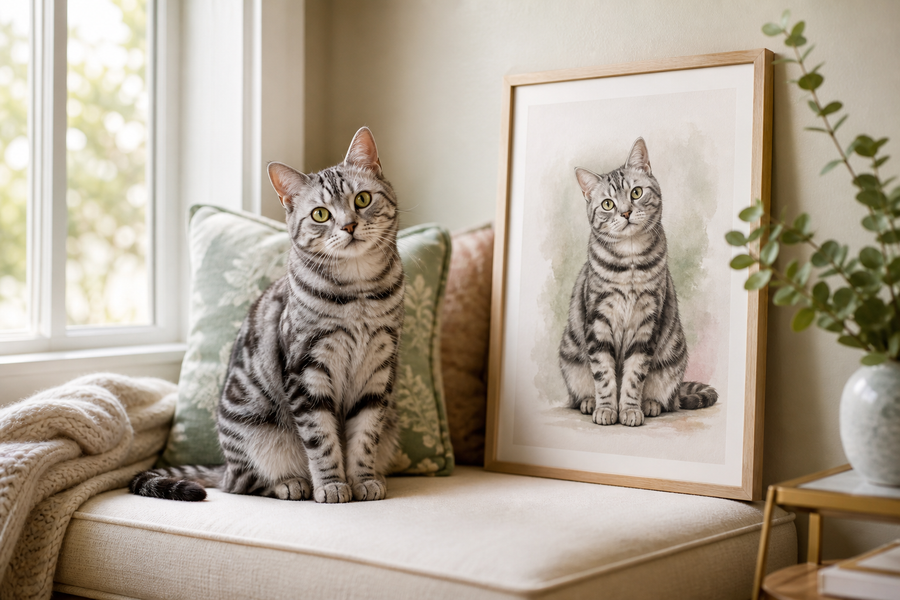 Silver tabby cat beside a framed custom cat portrait