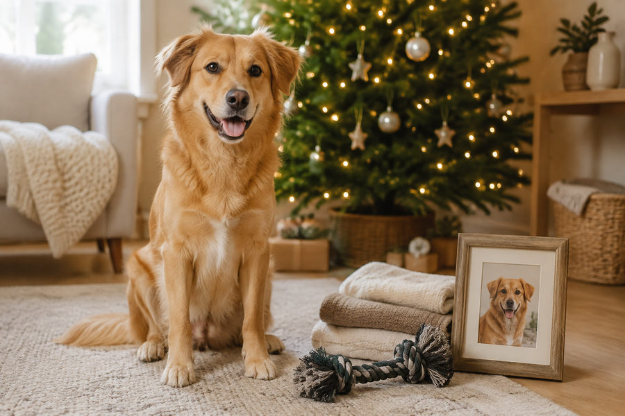 A happy dog beside a small collection of safely wrapped toys, a cozy blanket, and a framed pet keepsake in a warm holiday living room