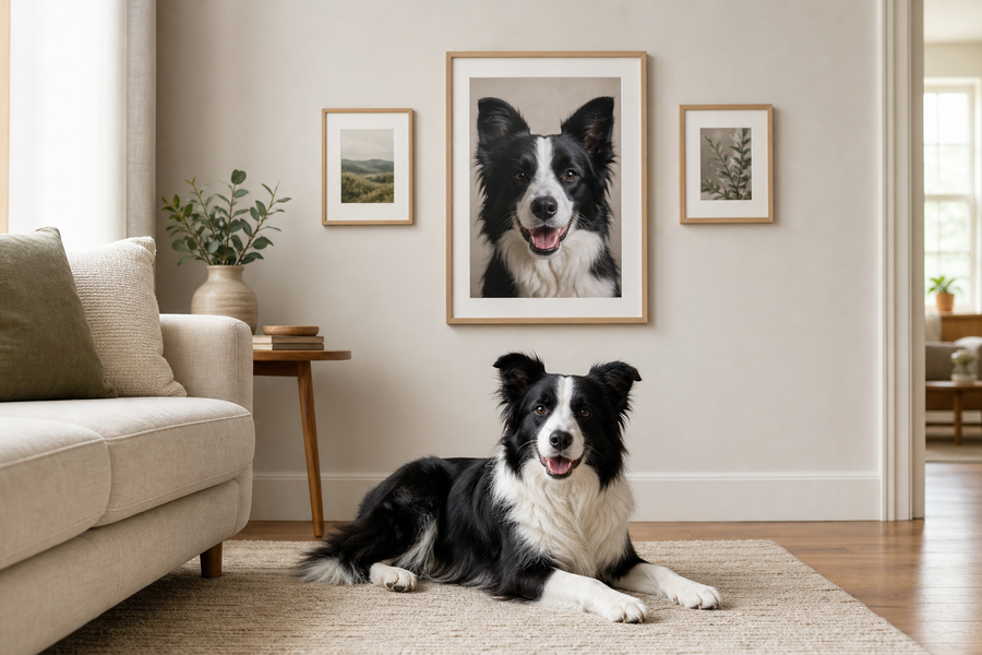 Border Collie beneath framed dog wall art in a warm living room