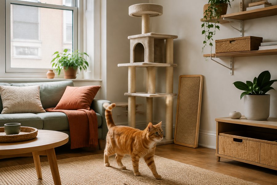 A curious orange cat exploring a tidy sunlit apartment with secured window screens, covered cords, stable shelves, and pet-safe plants