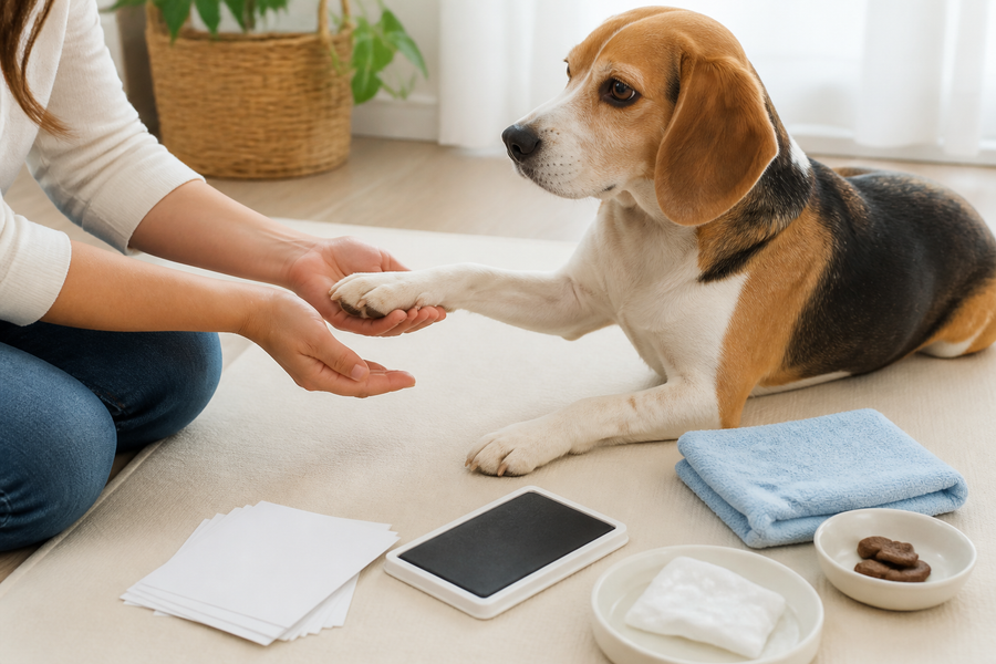 A calm beagle offering one paw beside an inkless print pad clean paper and treats on a washable mat