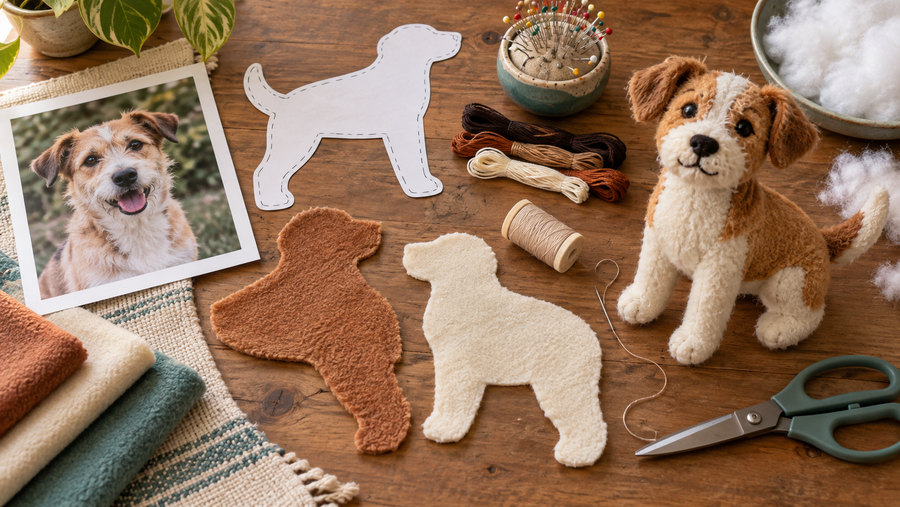 Pet photo, paper dog pattern, cut fleece pieces, sewing supplies, fiberfill, and a finished plush on a craft table
