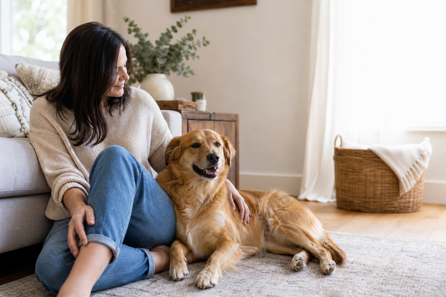 A dog choosing to lean against its owner during a calm everyday moment at home