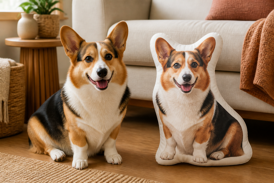 A real dog sitting beside a custom full-body dog-shaped pillow made from its photo