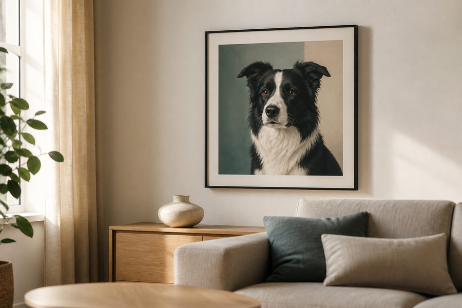 A contemporary living room with a tasteful modern dog portrait, neutral furniture, and balanced natural light