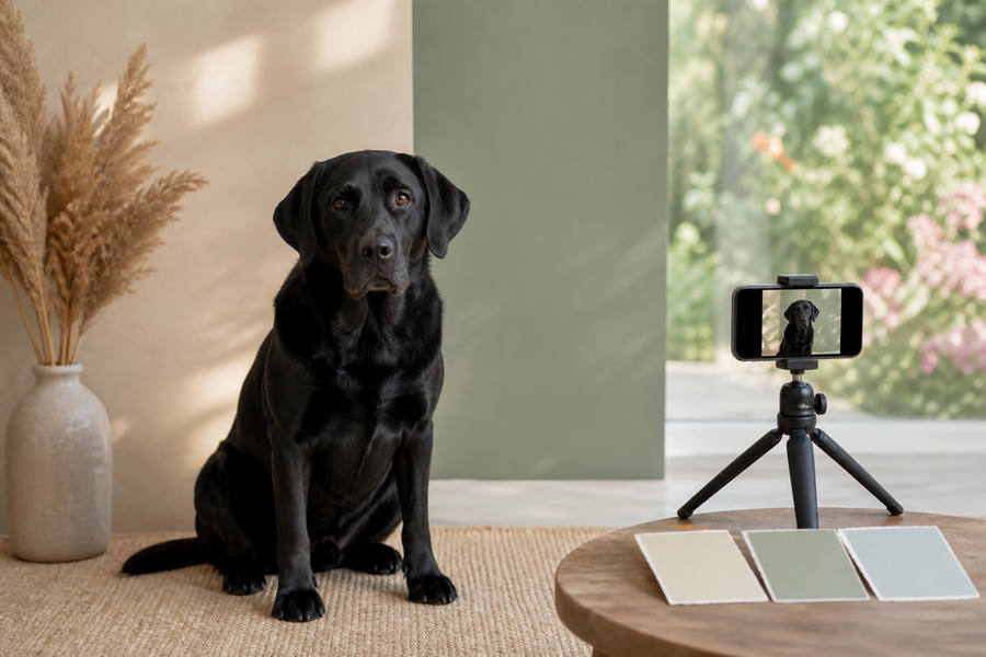 Black Labrador photographed against three thoughtful pet portrait background options