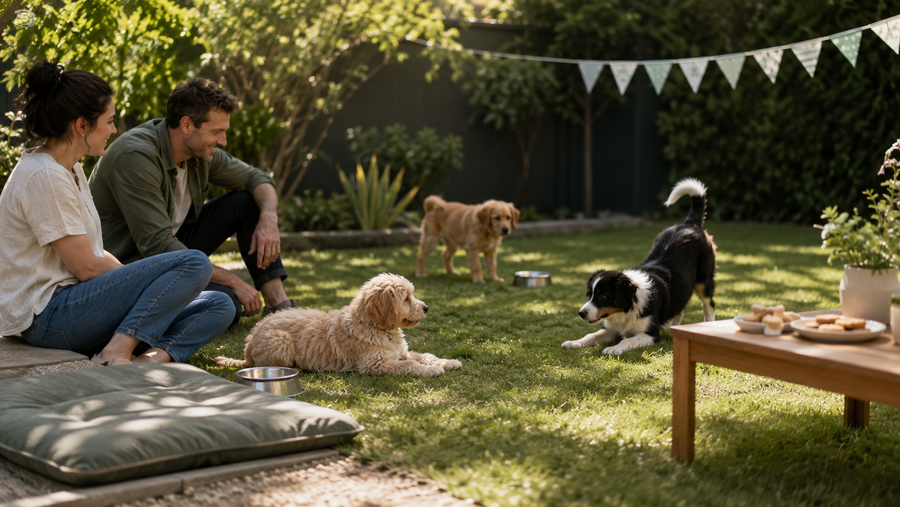 Three relaxed puppies at a small supervised backyard celebration with water and a rest area