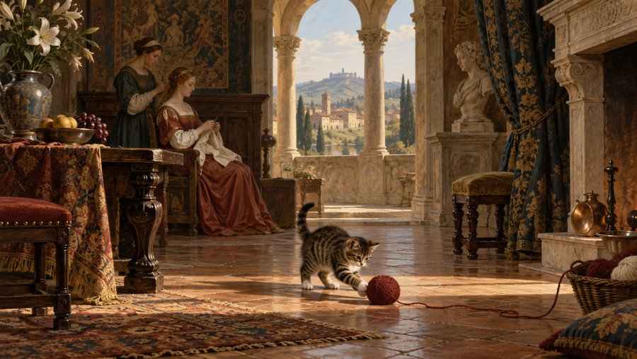 A Renaissance-inspired domestic interior where a small tabby cat quietly draws the viewer into the composition