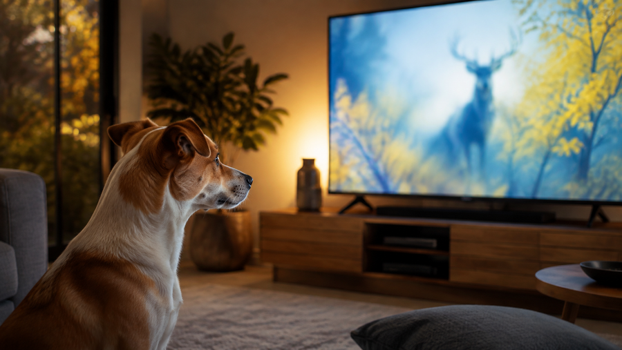 A curious dog calmly watching blue-and-yellow nature shapes on a modern television