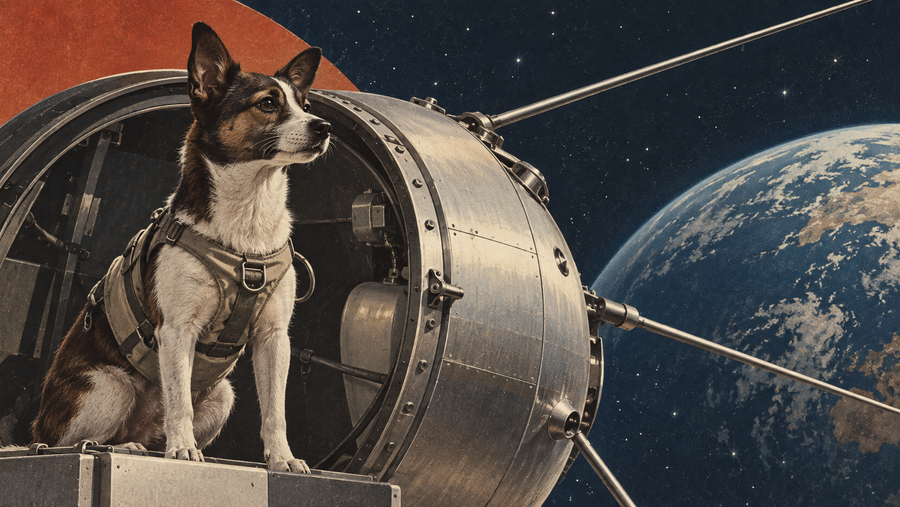 A respectful mid-century editorial illustration of Laika the space dog beside Sputnik 2 with Earth in the distance