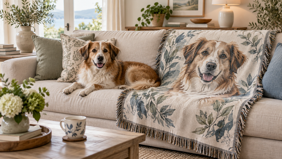 A personalized pet-photo throw draped over a neutral sofa beside a relaxed dog in a bright, tidy living room