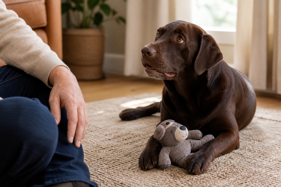 A relaxed dog resting with a durable plush dog toy while its owner watches nearby