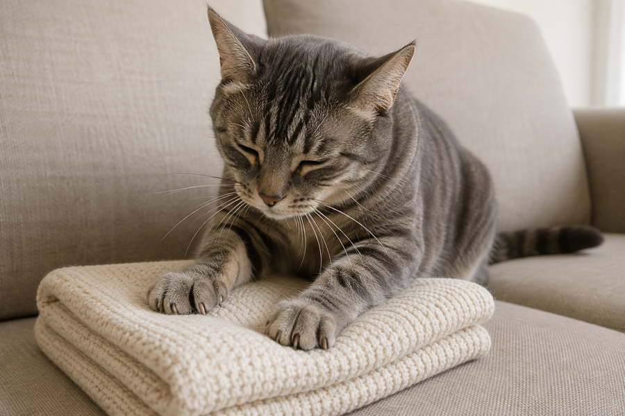 A relaxed gray tabby cat gently kneading a folded cream blanket on a sofa in warm natural light