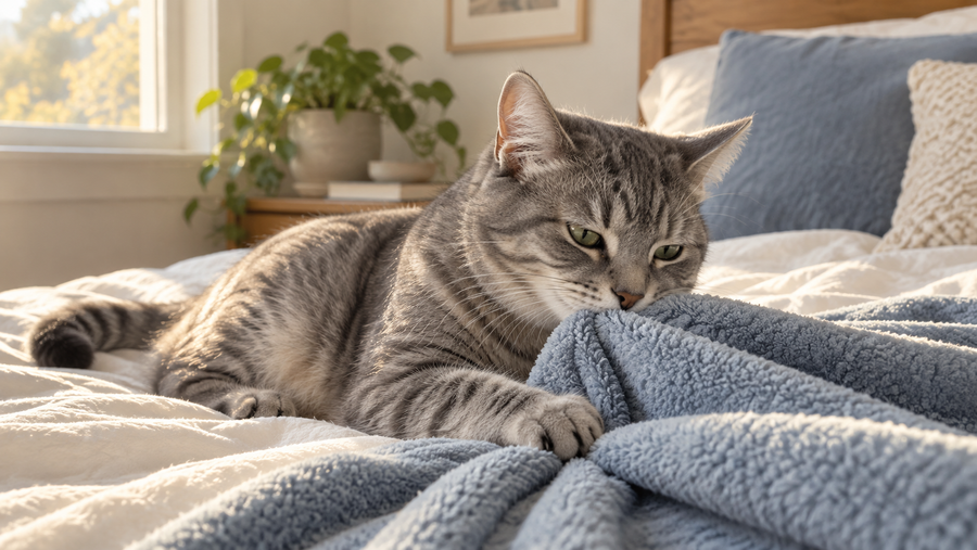 A relaxed adult cat gently suckling a soft folded blanket in a calm sunlit bedroom