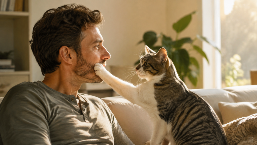A relaxed cat gently resting one paw near the cheek of an awake owner on a sofa