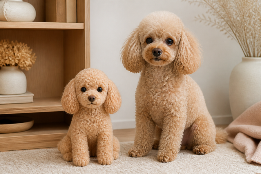 Apricot poodle beside a handmade custom stuffed-animal keepsake