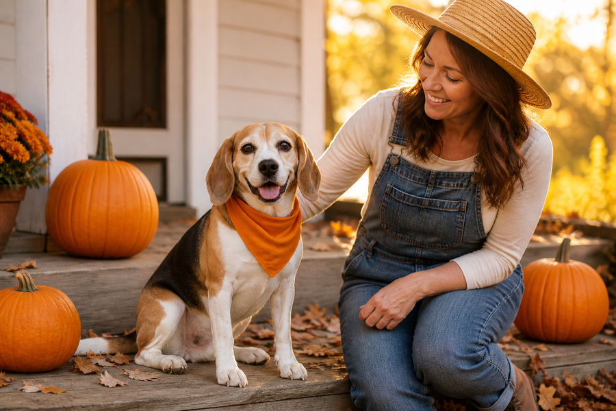 A relaxed beagle wearing a simple orange bandana beside its owner in a coordinating gardener costume on a softly lit autumn porch